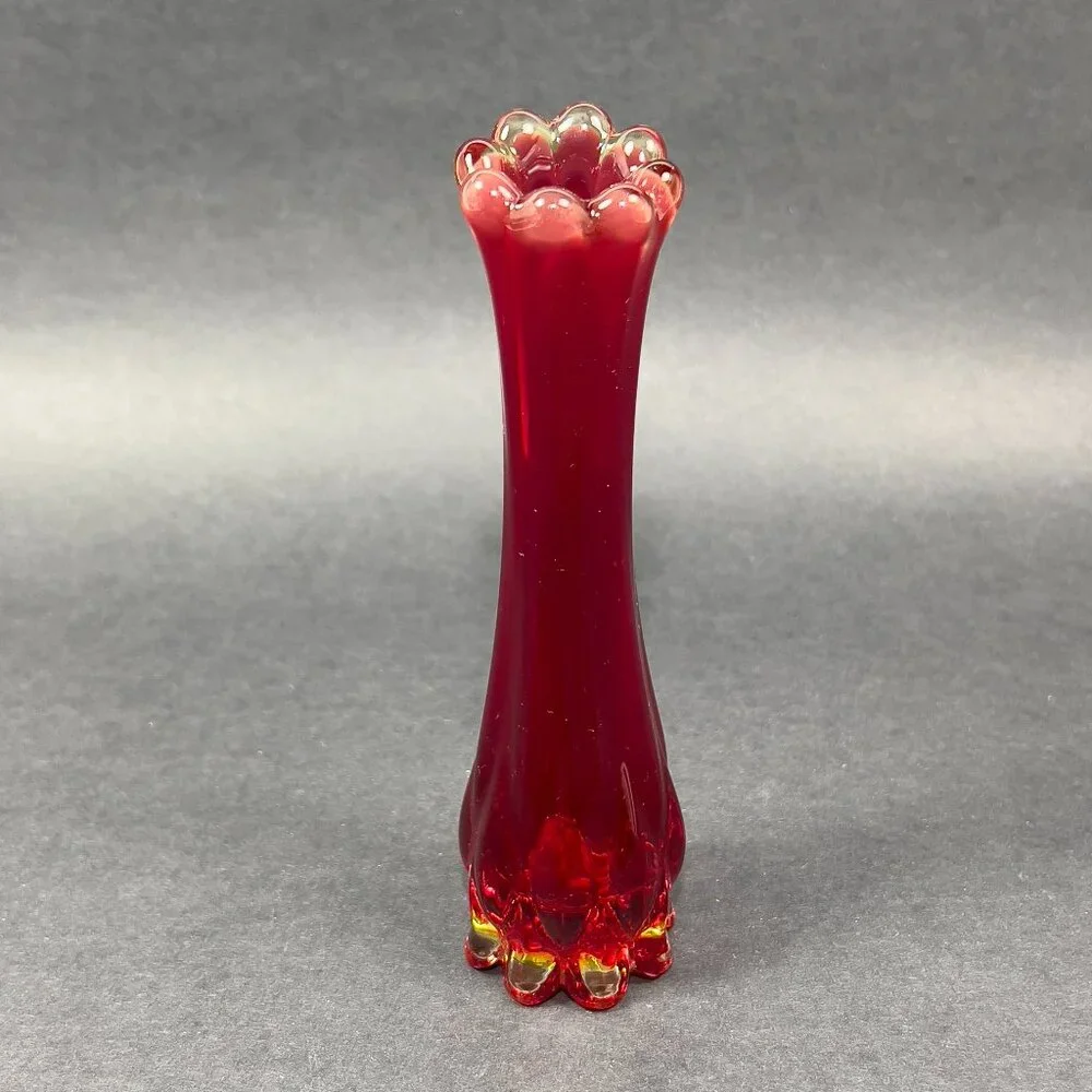 Vtg Fostoria 1229 Ruby Red Heirloom Art Clear Glass Bud 6" Vase 60s Glows - Picture 8 of 16